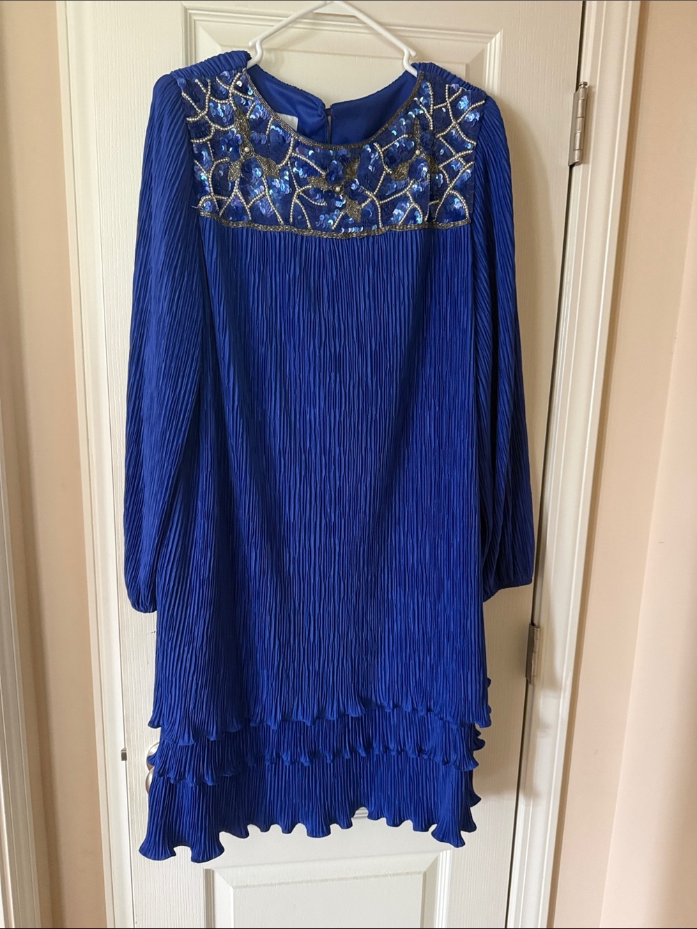 Patra Cobalt Blue Pleated Long-Sleeve Dress with Beaded Yoke